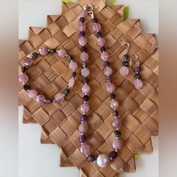 Rose Quartz Atlantisite Coin & freshwater pearl Set in .925 Sterling Silver S14 - Picture 12 of 13